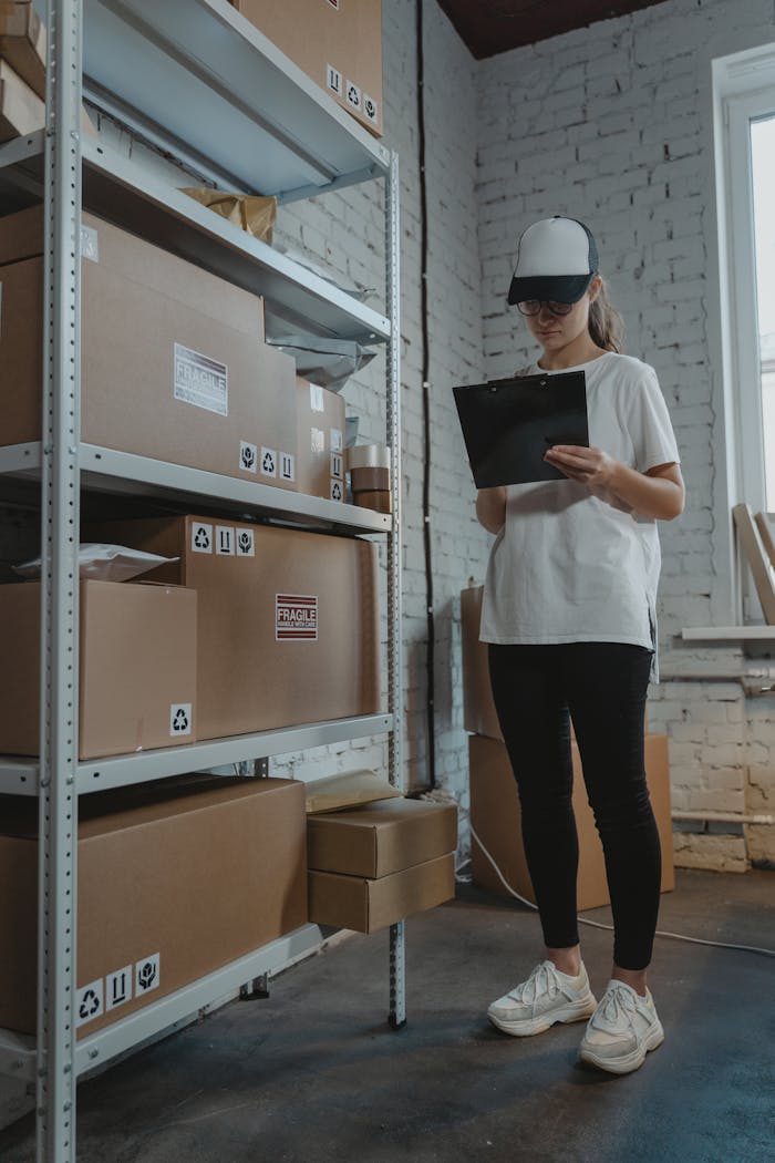 A female worker in casual attire organizes packages in a warehouse setting, examining a clipboard for inventory management.